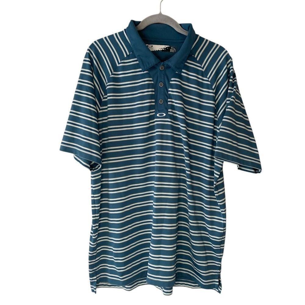 Mens Oakley Blue White Striped Short Sleeve Polo Shirt